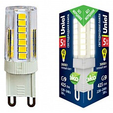 Лампа светодиодная uniel  g9 5Вт 3000k led-jcd-5w-3000k-g9-cl glz09tr картон
